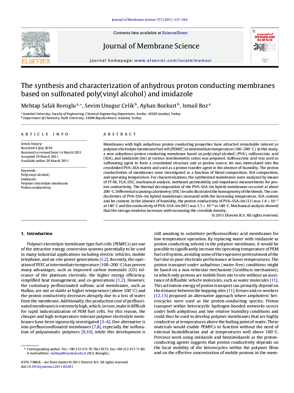 The synthesis and characterization of anhydrous proton conducting membranes based on sulfonated poly(vinyl alcohol) and imidazole