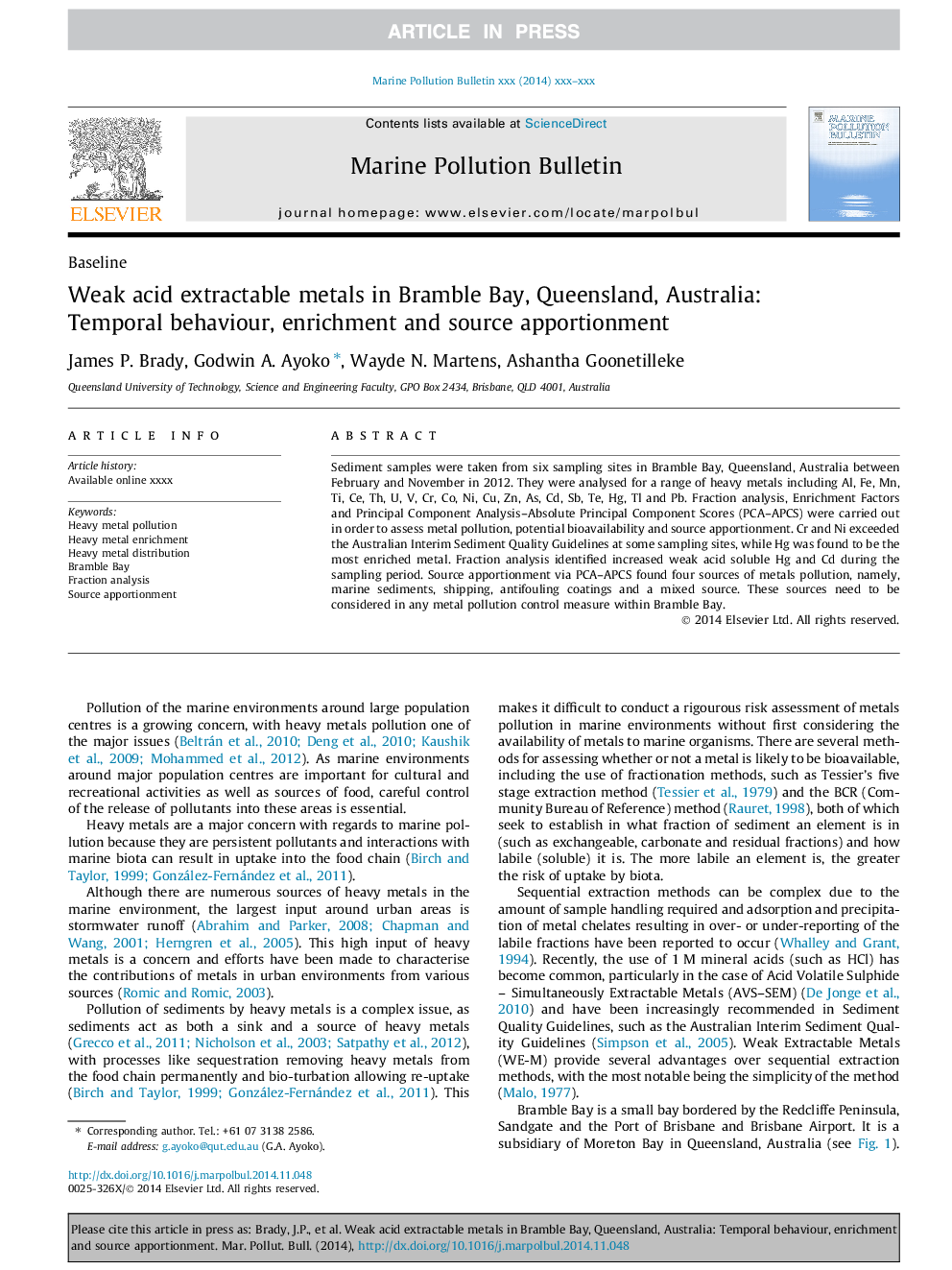 Weak acid extractable metals in Bramble Bay, Queensland, Australia: Temporal behaviour, enrichment and source apportionment