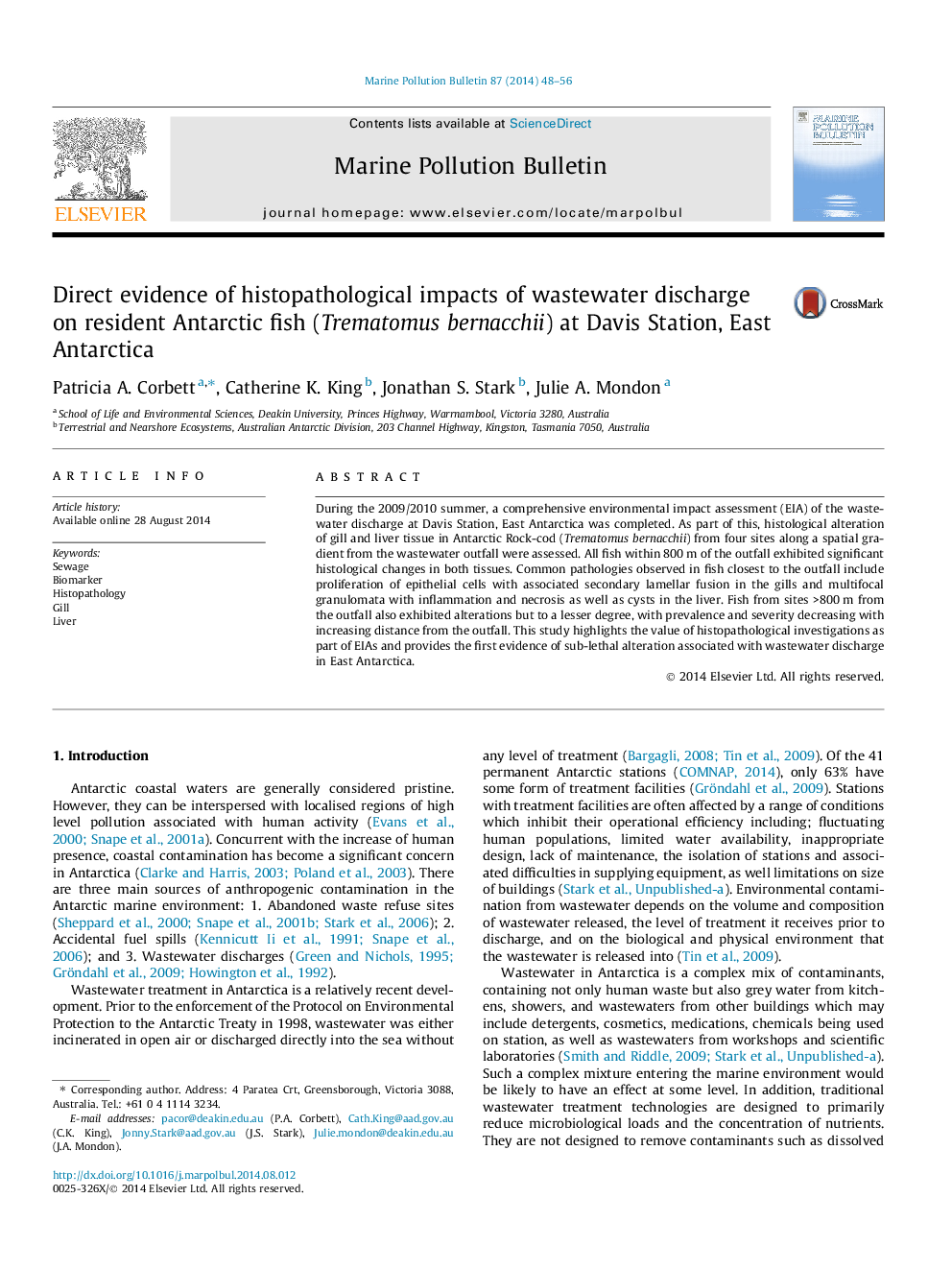 Direct evidence of histopathological impacts of wastewater discharge on resident Antarctic fish (Trematomus bernacchii) at Davis Station, East Antarctica