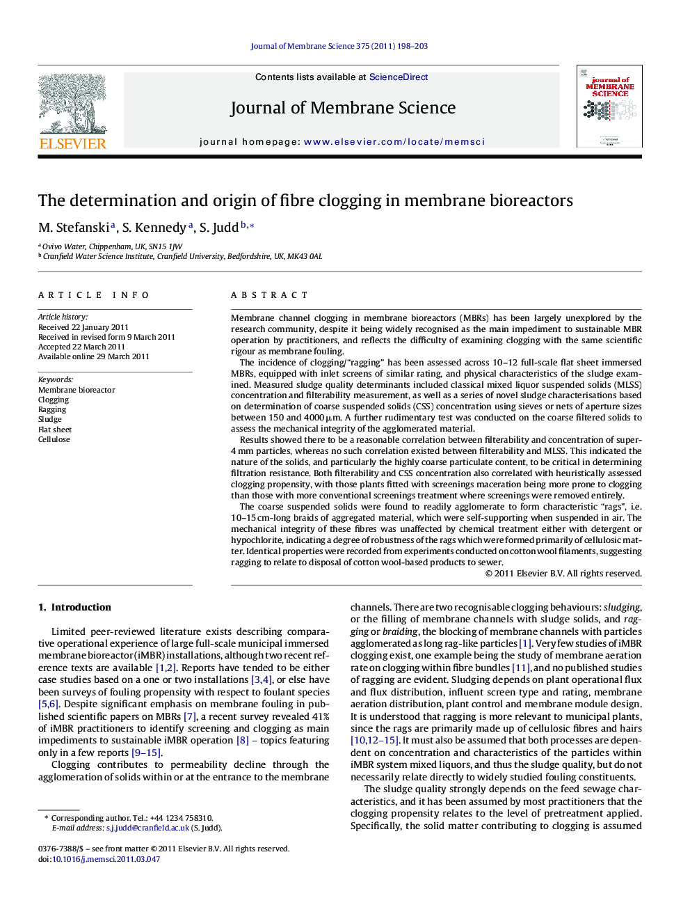 The determination and origin of fibre clogging in membrane bioreactors