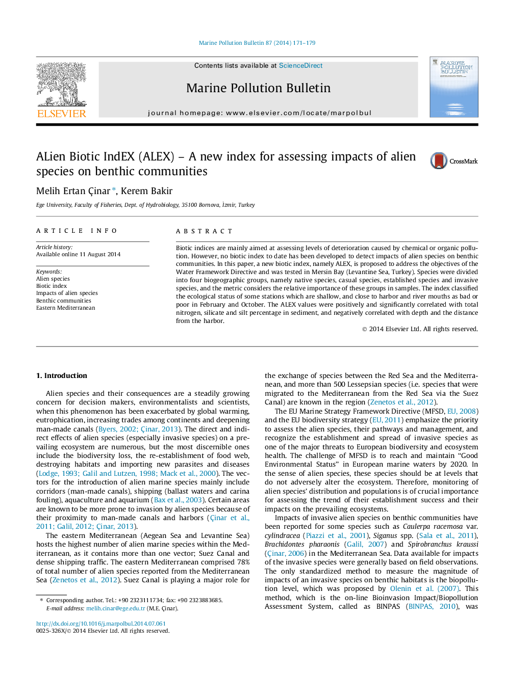 ALien Biotic IndEX (ALEX) - A new index for assessing impacts of alien species on benthic communities