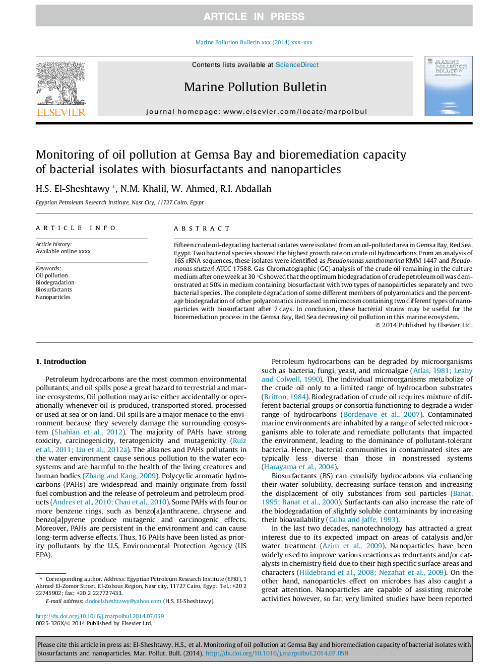 Monitoring of oil pollution at Gemsa Bay and bioremediation capacity of bacterial isolates with biosurfactants and nanoparticles