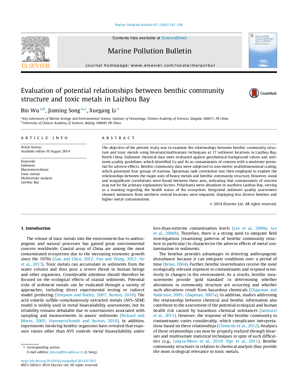 Evaluation of potential relationships between benthic community structure and toxic metals in Laizhou Bay