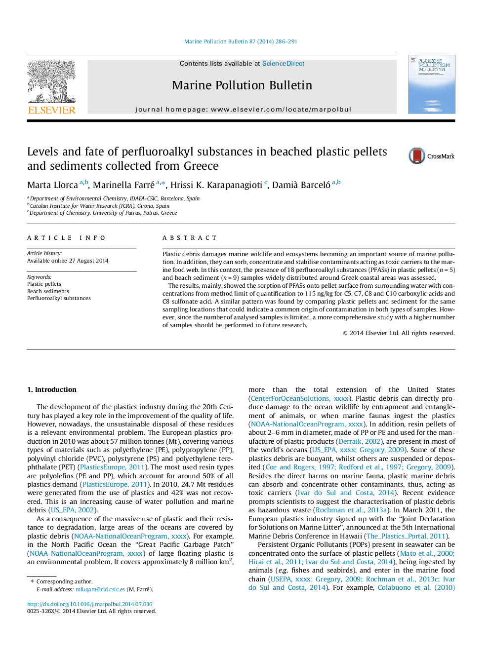 Levels and fate of perfluoroalkyl substances in beached plastic pellets and sediments collected from Greece