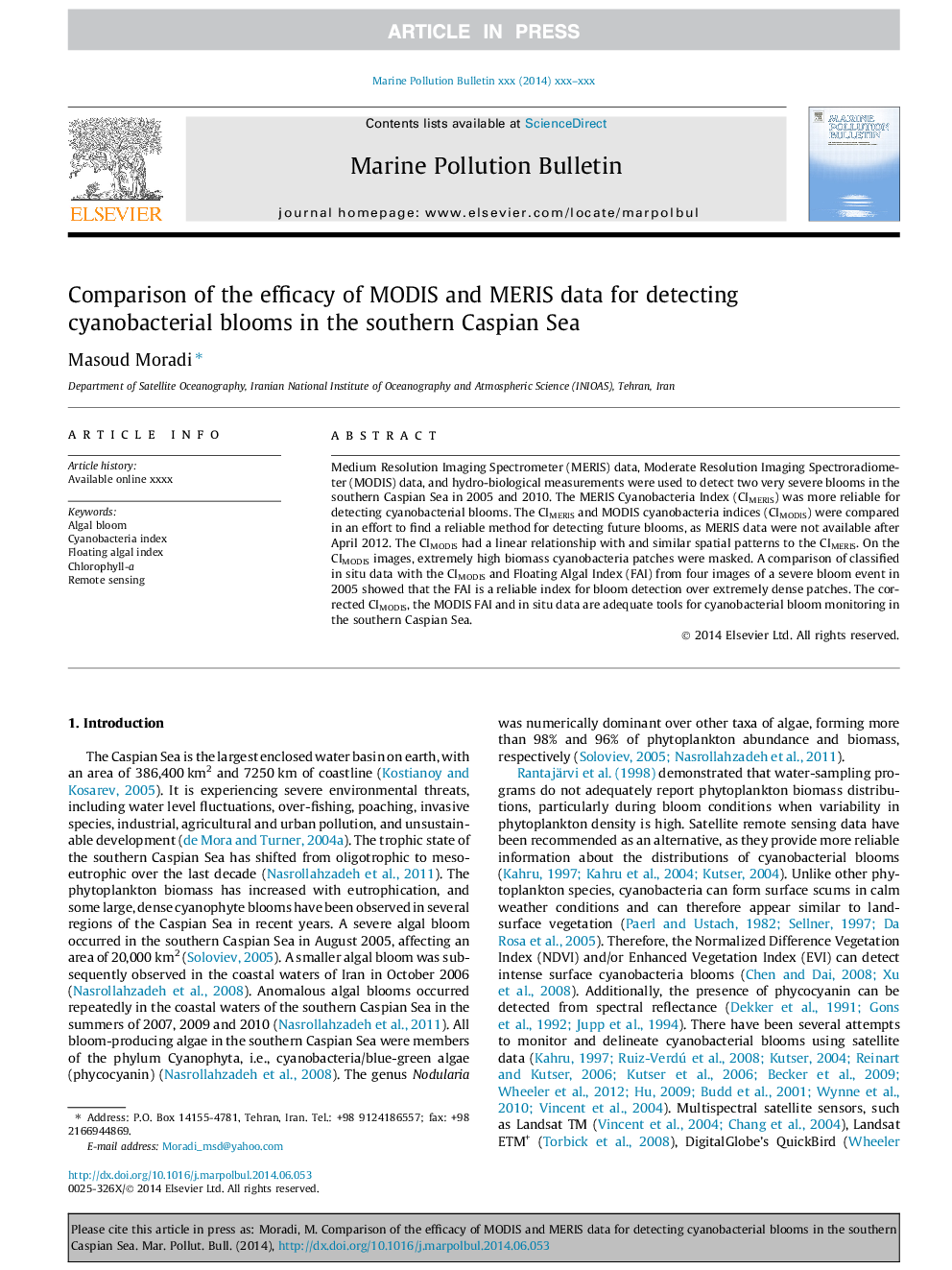 Comparison of the efficacy of MODIS and MERIS data for detecting cyanobacterial blooms in the southern Caspian Sea