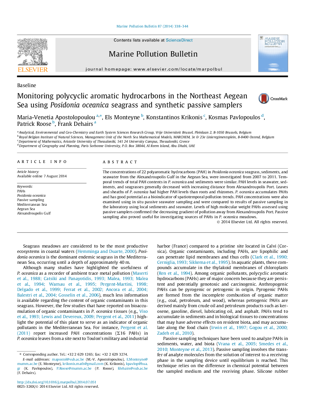 Monitoring polycyclic aromatic hydrocarbons in the Northeast Aegean Sea using Posidonia oceanica seagrass and synthetic passive samplers