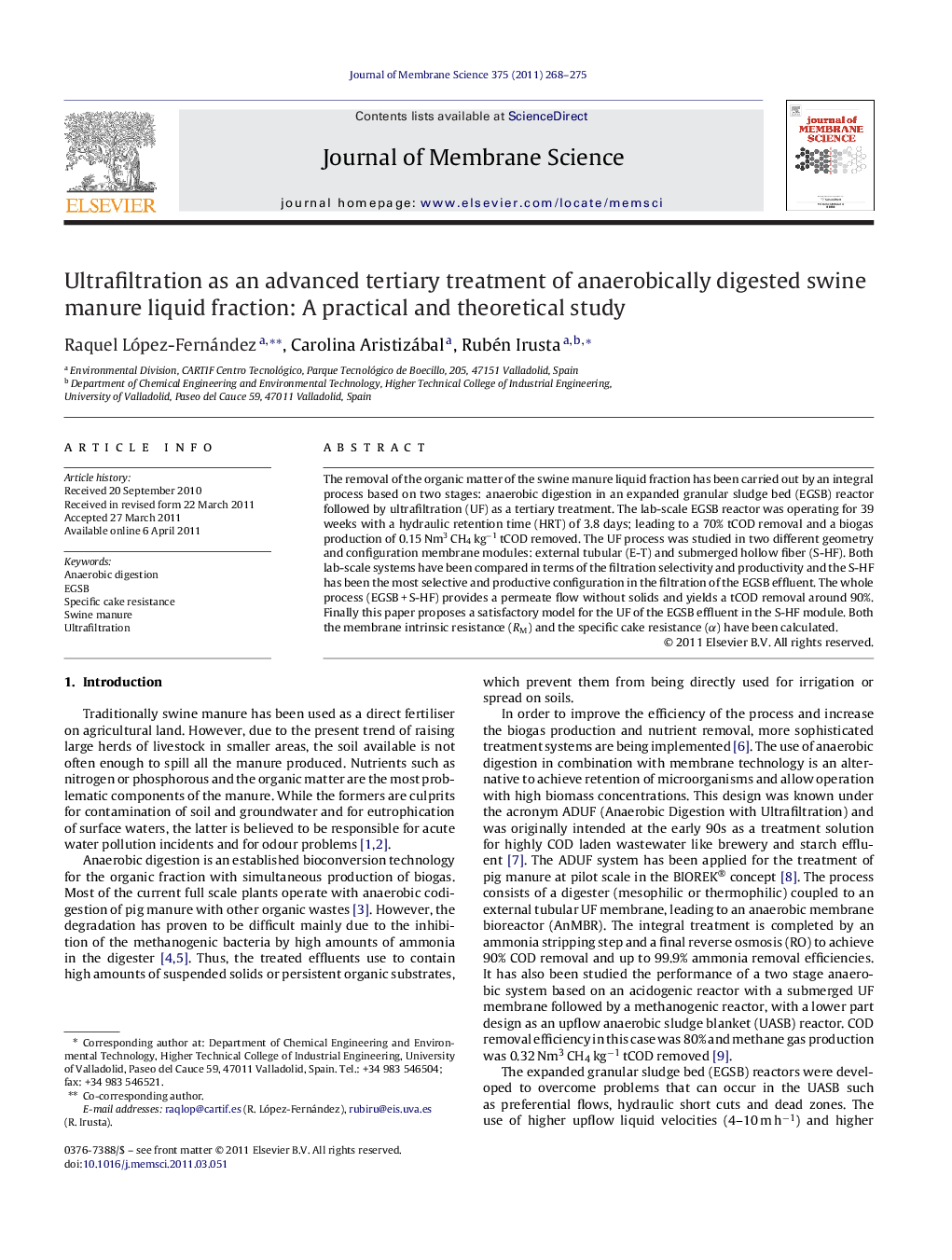 Ultrafiltration as an advanced tertiary treatment of anaerobically digested swine manure liquid fraction: A practical and theoretical study