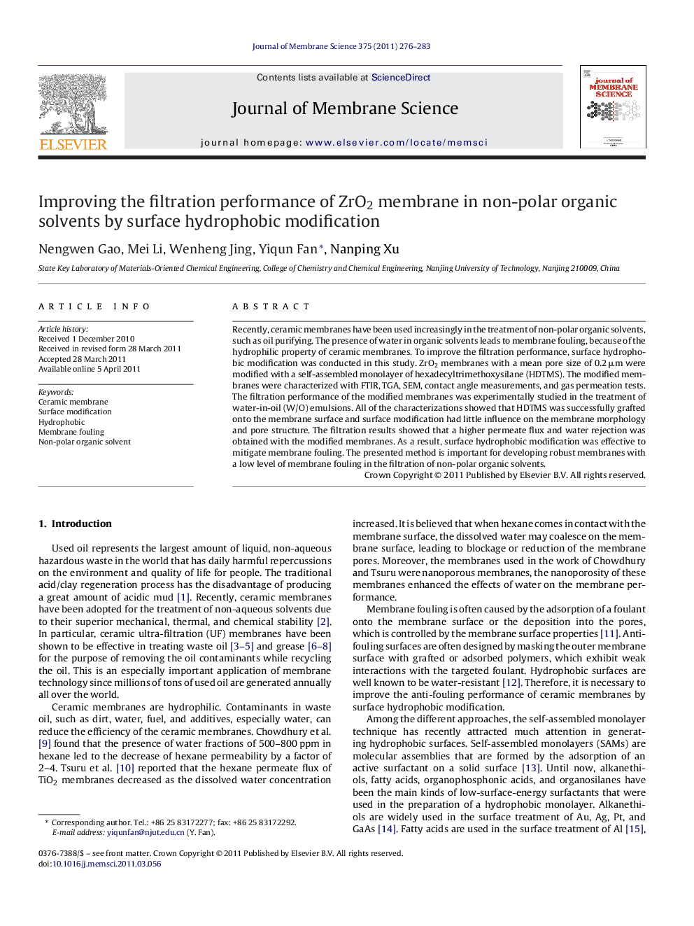 Improving the filtration performance of ZrO2 membrane in non-polar organic solvents by surface hydrophobic modification