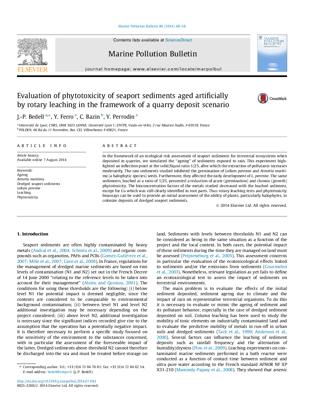 Evaluation of phytotoxicity of seaport sediments aged artificially by rotary leaching in the framework of a quarry deposit scenario