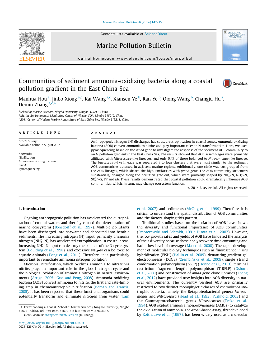 Communities of sediment ammonia-oxidizing bacteria along a coastal pollution gradient in the East China Sea