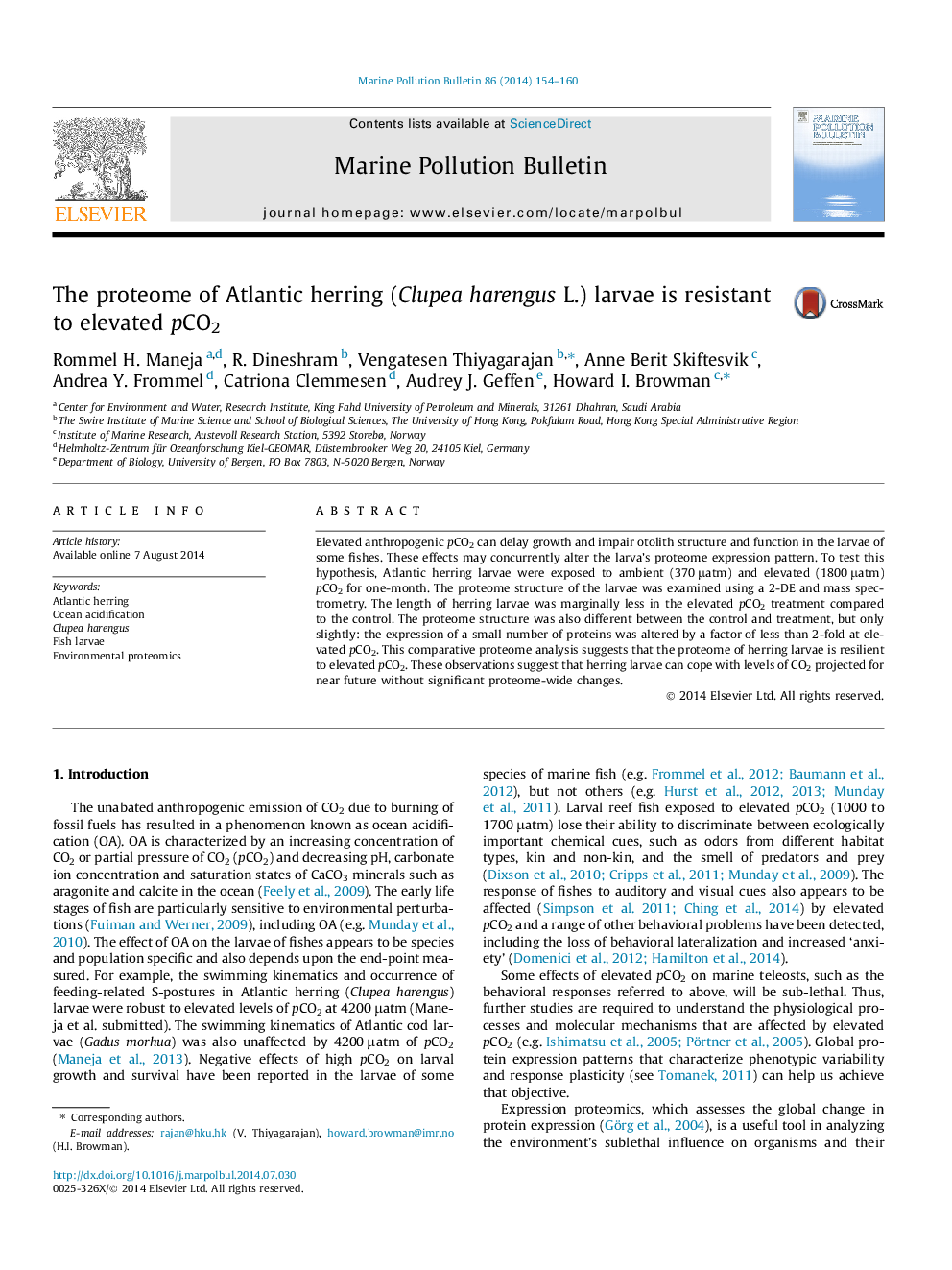 The proteome of Atlantic herring (Clupea harengus L.) larvae is resistant to elevated pCO2