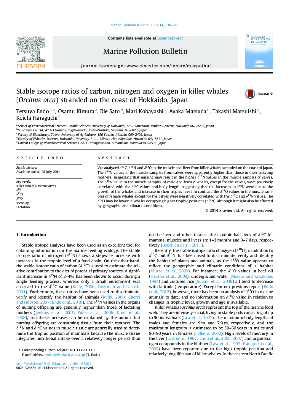 Stable isotope ratios of carbon, nitrogen and oxygen in killer whales (Orcinus orca) stranded on the coast of Hokkaido, Japan