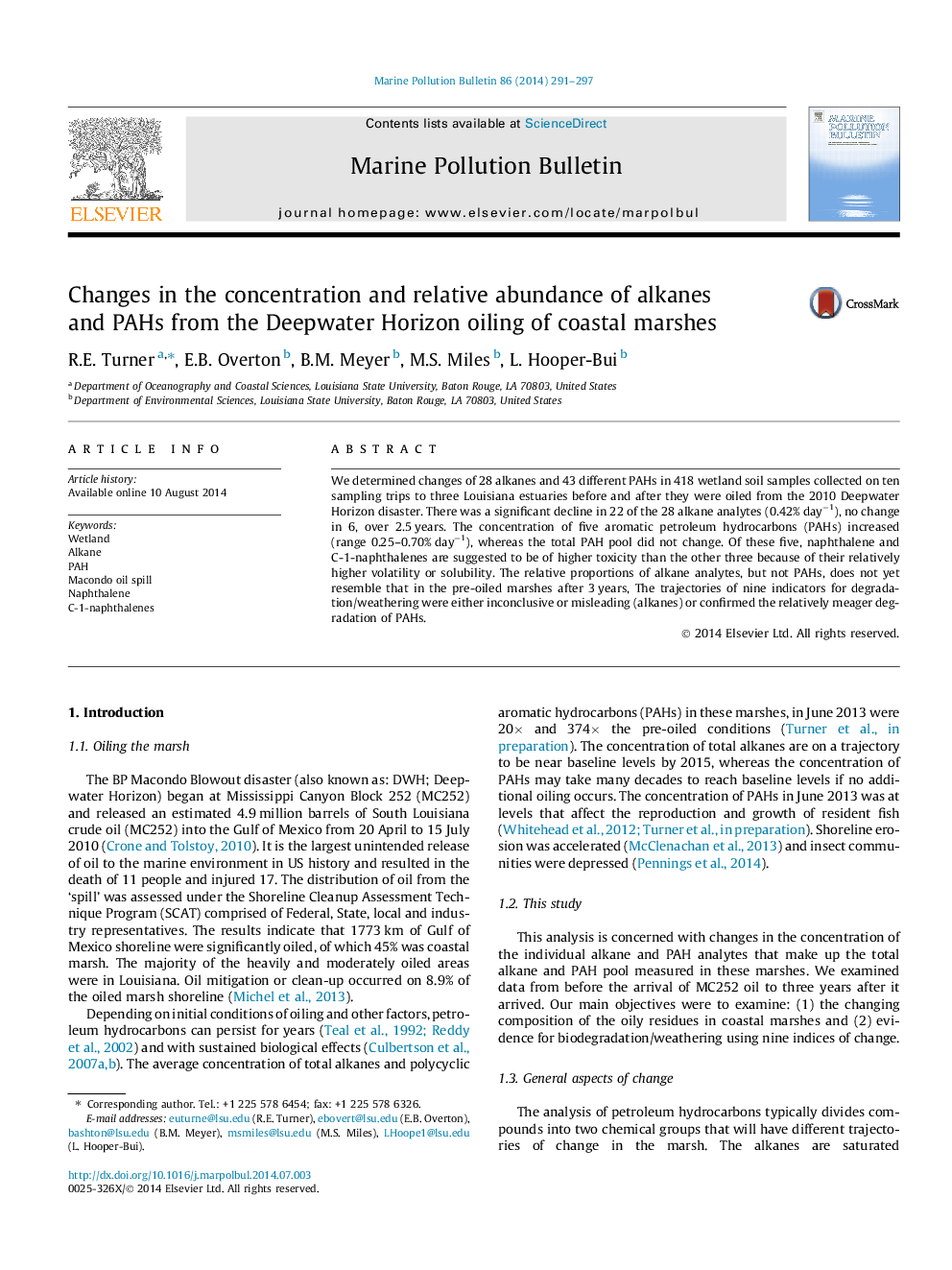 Changes in the concentration and relative abundance of alkanes and PAHs from the Deepwater Horizon oiling of coastal marshes