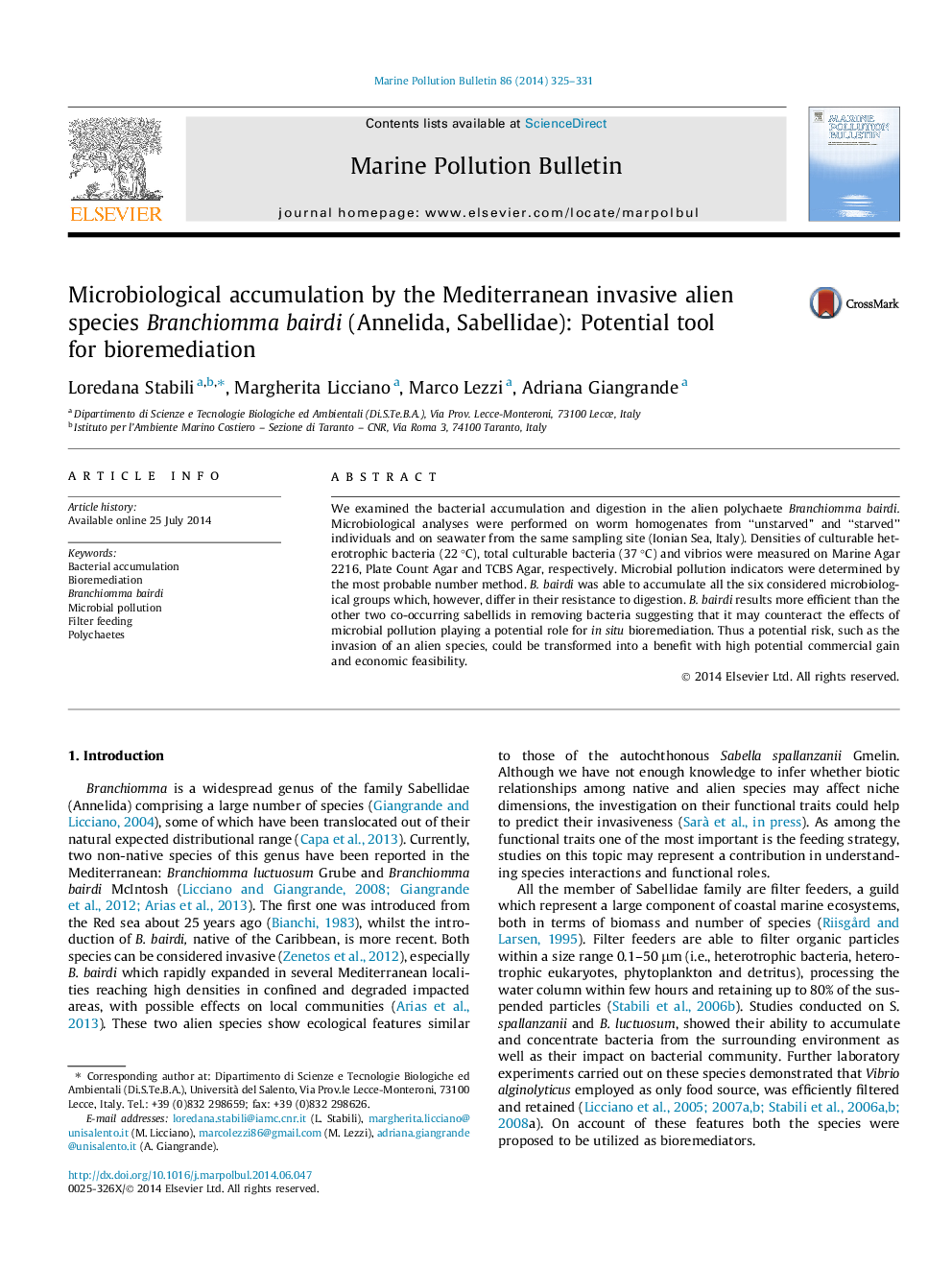 Microbiological accumulation by the Mediterranean invasive alien species Branchiomma bairdi (Annelida, Sabellidae): Potential tool for bioremediation