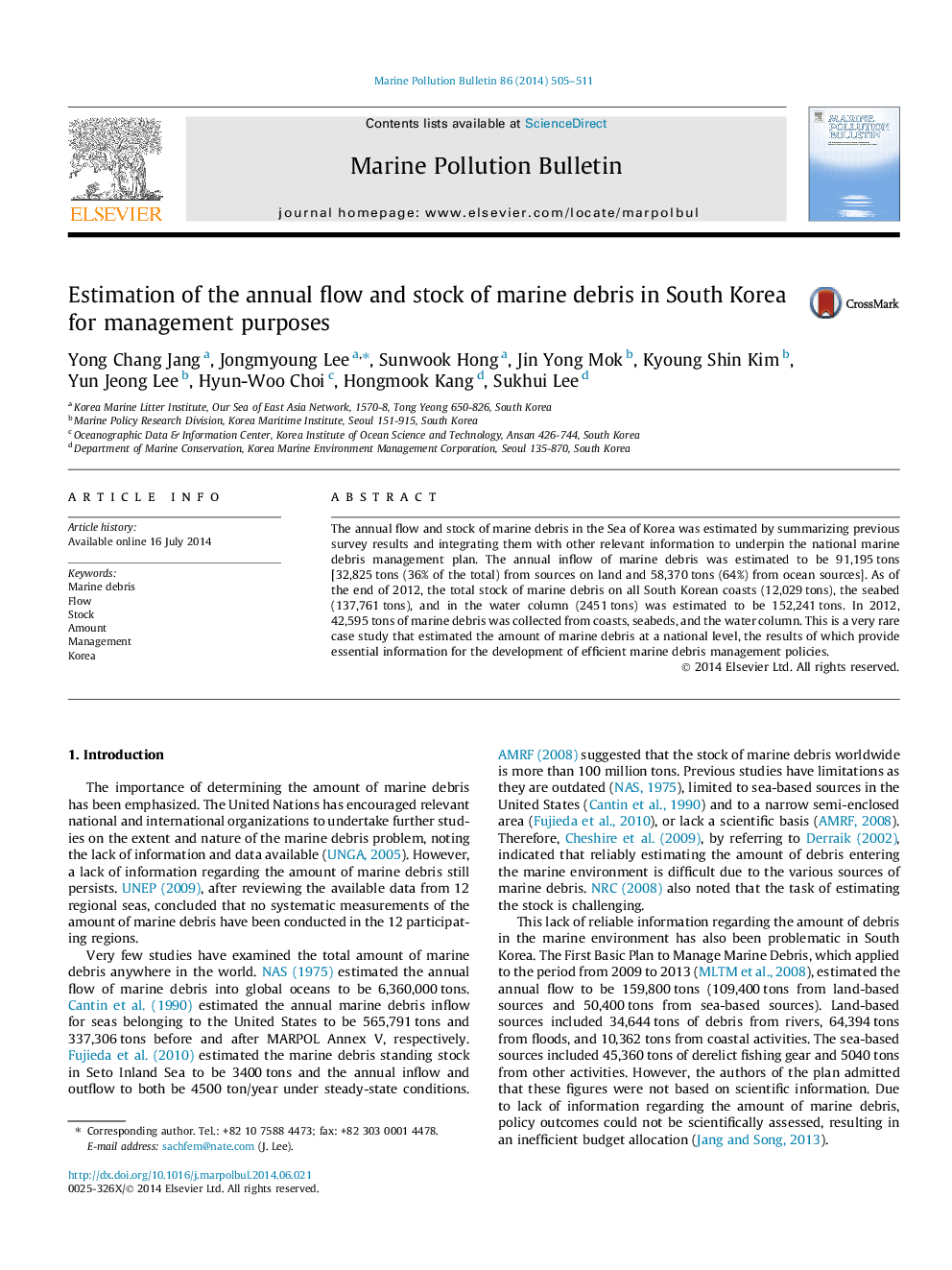 Estimation of the annual flow and stock of marine debris in South Korea for management purposes