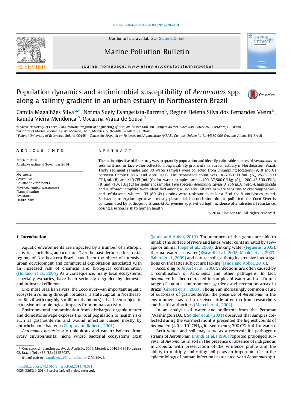 Population dynamics and antimicrobial susceptibility of Aeromonas spp. along a salinity gradient in an urban estuary in Northeastern Brazil