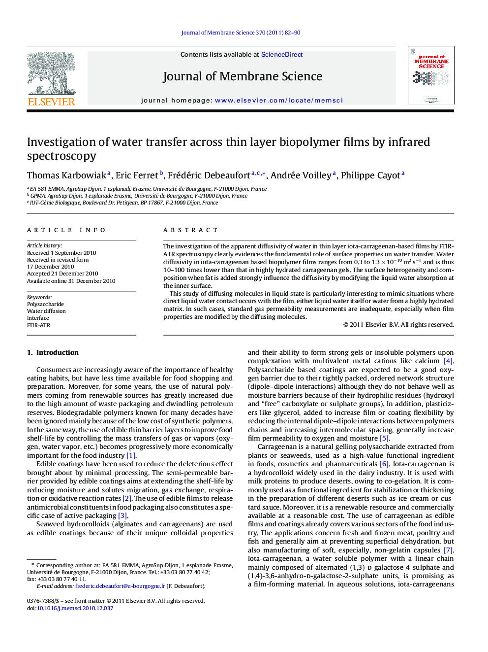 Investigation of water transfer across thin layer biopolymer films by infrared spectroscopy