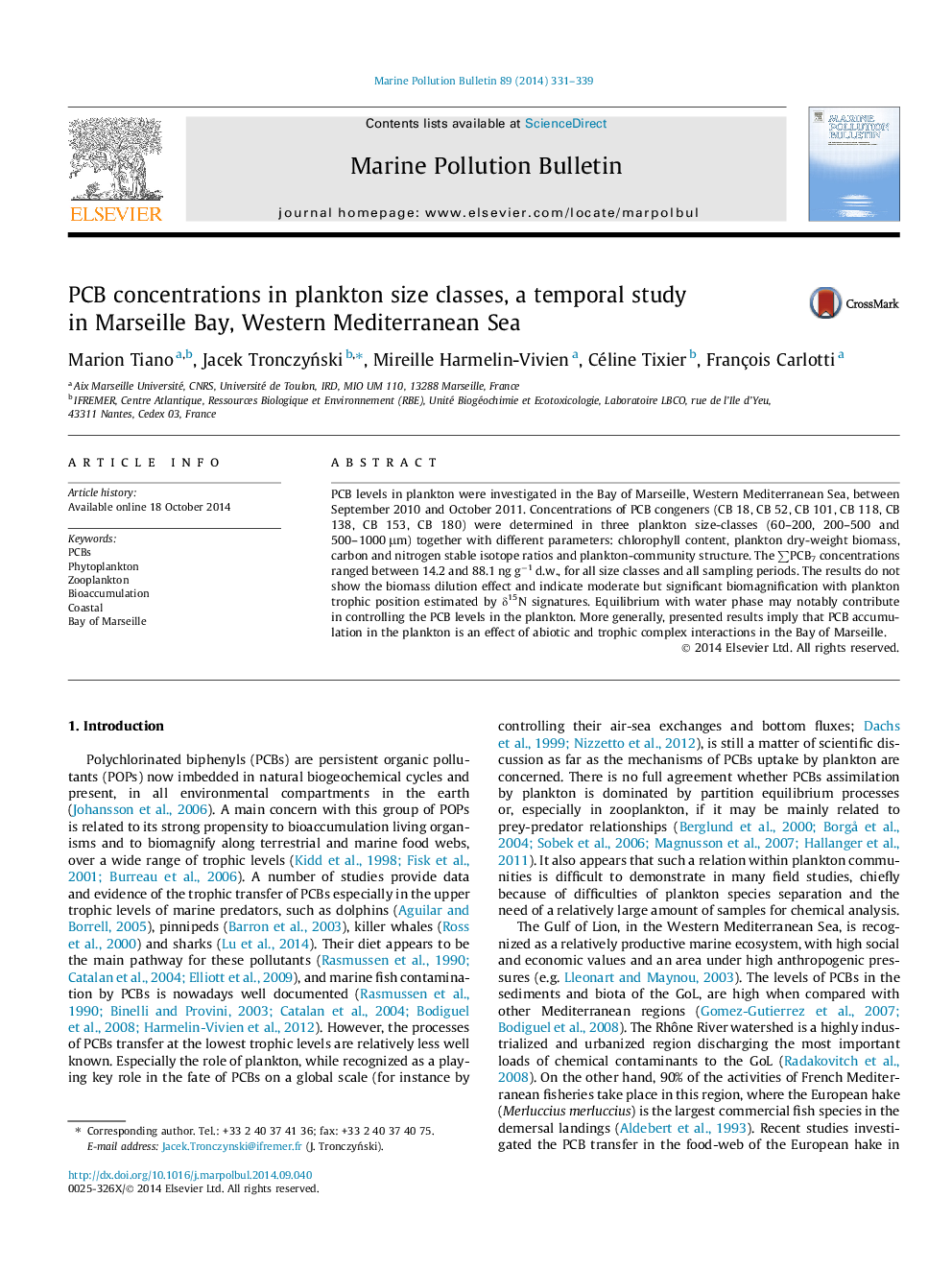 PCB concentrations in plankton size classes, a temporal study in Marseille Bay, Western Mediterranean Sea