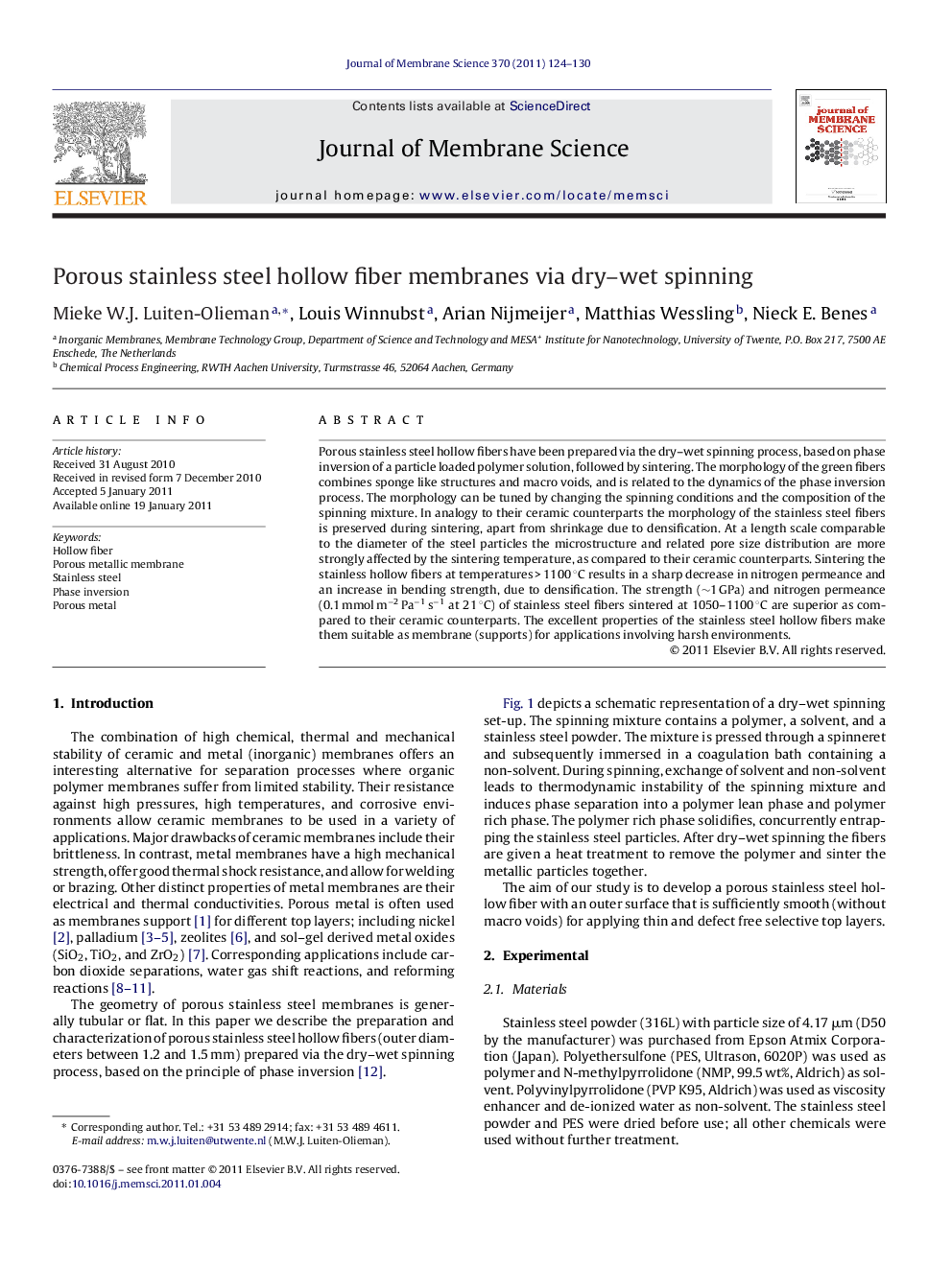 Porous stainless steel hollow fiber membranes via dry–wet spinning