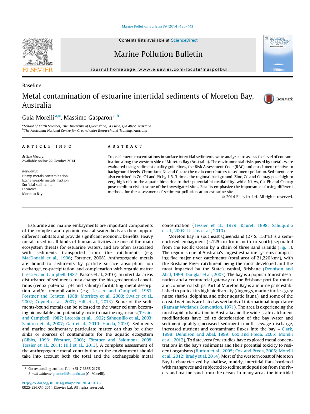 Metal contamination of estuarine intertidal sediments of Moreton Bay, Australia