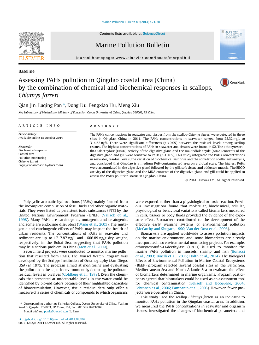 Assessing PAHs pollution in Qingdao coastal area (China) by the combination of chemical and biochemical responses in scallops, Chlamys farreri