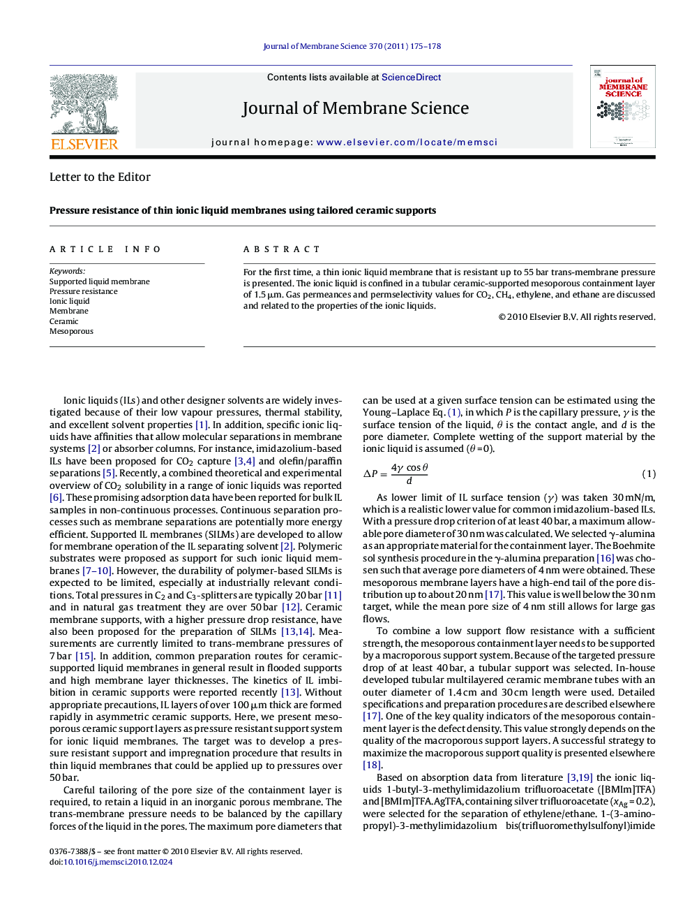 Pressure resistance of thin ionic liquid membranes using tailored ceramic supports