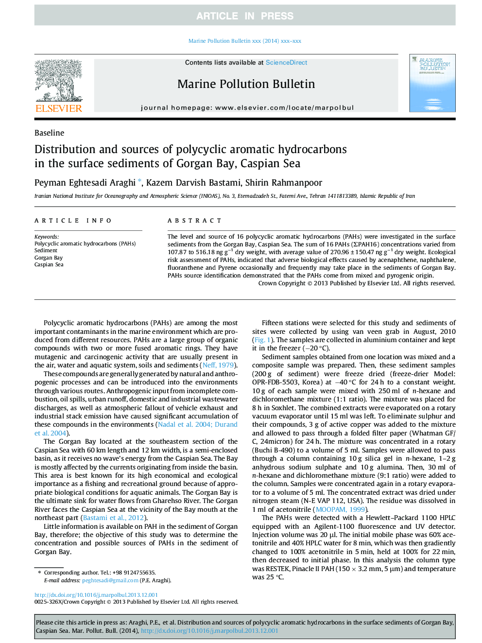 Distribution and sources of polycyclic aromatic hydrocarbons in the surface sediments of Gorgan Bay, Caspian Sea