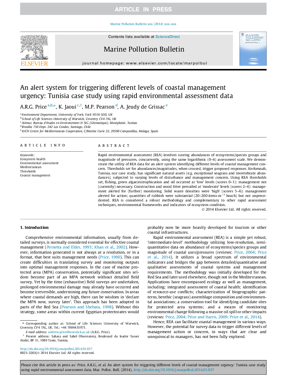 An alert system for triggering different levels of coastal management urgency: Tunisia case study using rapid environmental assessment data