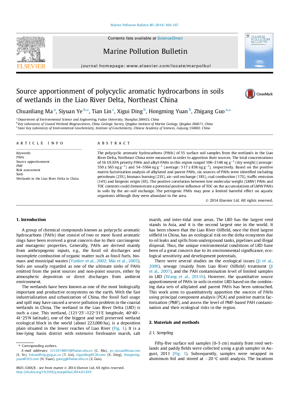 Source apportionment of polycyclic aromatic hydrocarbons in soils of wetlands in the Liao River Delta, Northeast China