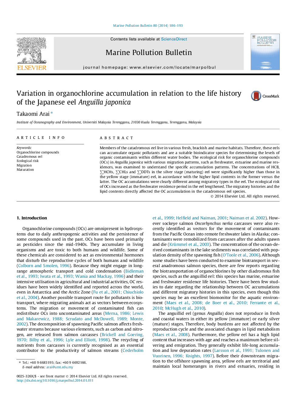 Variation in organochlorine accumulation in relation to the life history of the Japanese eel Anguilla japonica