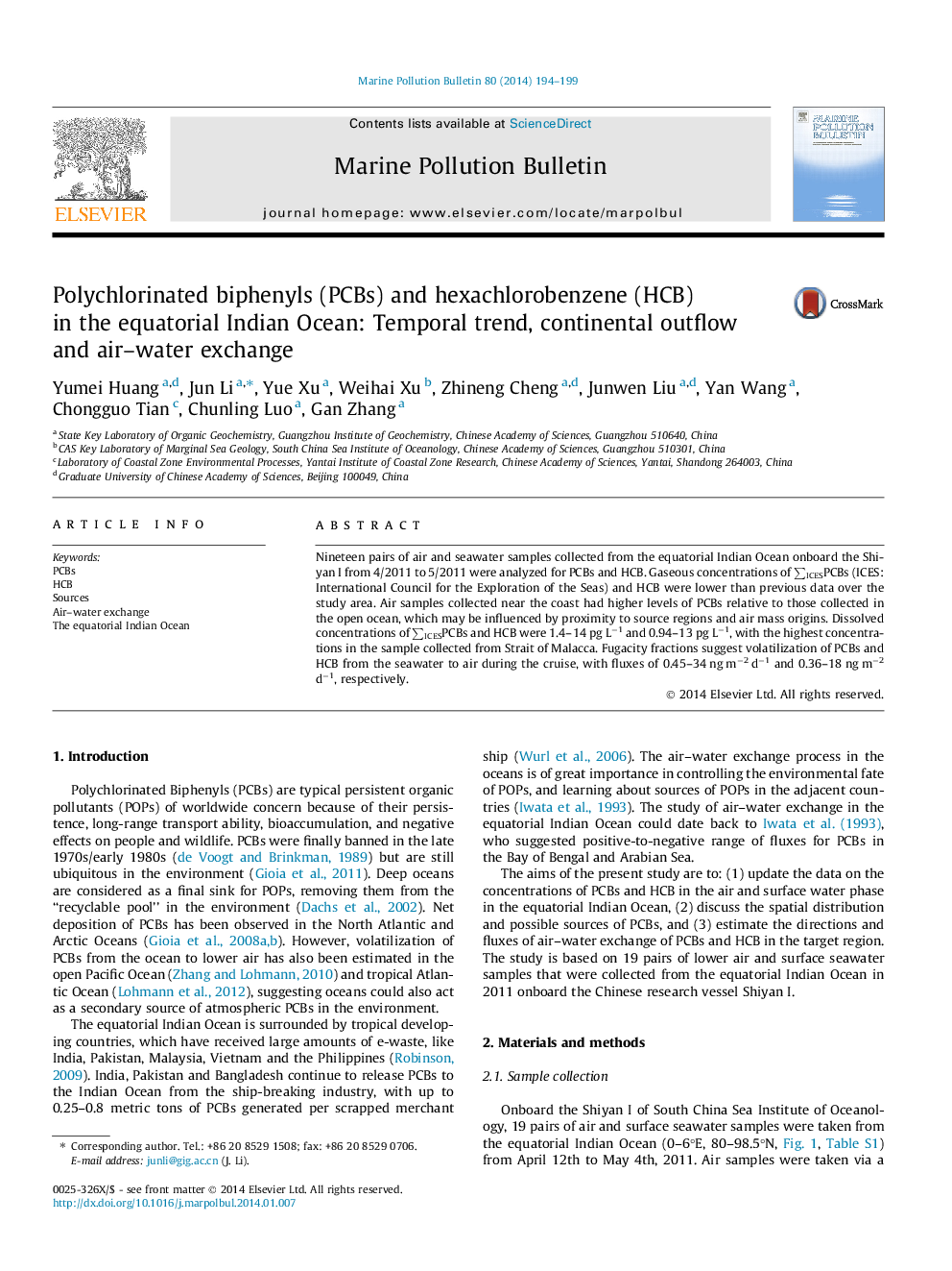 Polychlorinated biphenyls (PCBs) and hexachlorobenzene (HCB) in the equatorial Indian Ocean: Temporal trend, continental outflow and air-water exchange