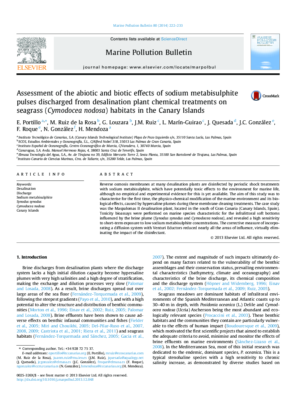 Assessment of the abiotic and biotic effects of sodium metabisulphite pulses discharged from desalination plant chemical treatments on seagrass (Cymodocea nodosa) habitats in the Canary Islands