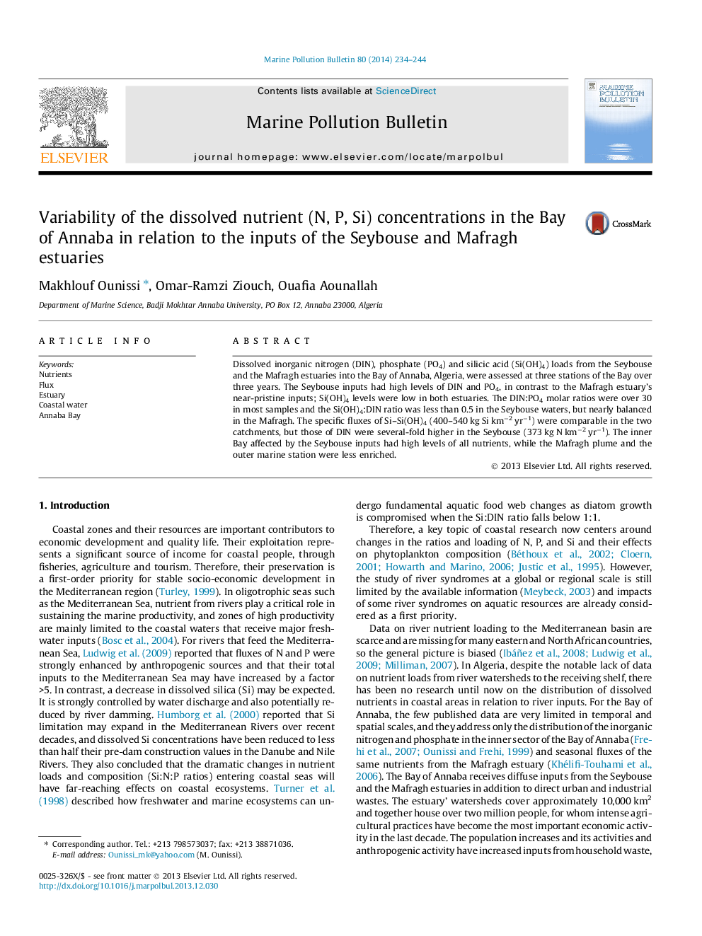 Variability of the dissolved nutrient (N, P, Si) concentrations in the Bay of Annaba in relation to the inputs of the Seybouse and Mafragh estuaries