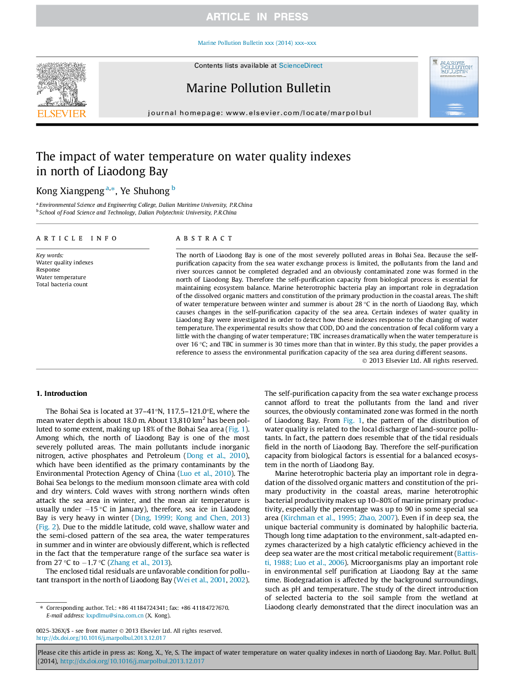 The impact of water temperature on water quality indexes in north of Liaodong Bay