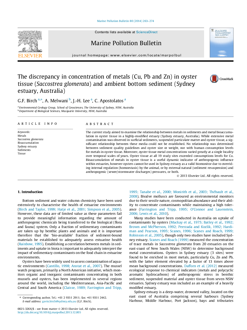 The discrepancy in concentration of metals (Cu, Pb and Zn) in oyster tissue (Saccostrea glomerata) and ambient bottom sediment (Sydney estuary, Australia)