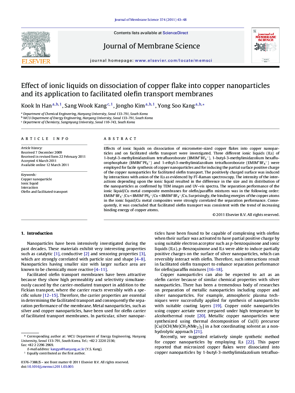 Effect of ionic liquids on dissociation of copper flake into copper nanoparticles and its application to facilitated olefin transport membranes