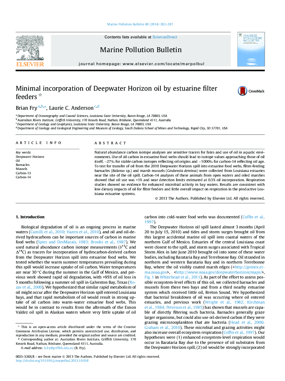 Minimal incorporation of Deepwater Horizon oil by estuarine filter feeders