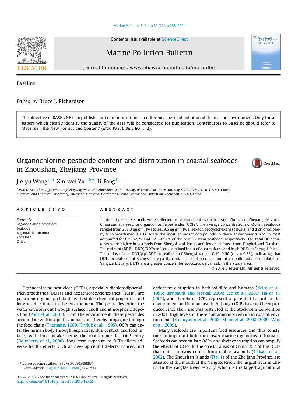 BaselineOrganochlorine pesticide content and distribution in coastal seafoods in Zhoushan, Zhejiang Province