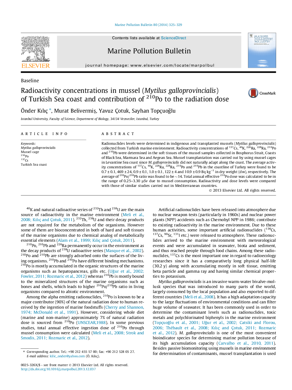 Radioactivity concentrations in mussel (Mytilus galloprovincialis) of Turkish Sea coast and contribution of 210Po to the radiation dose