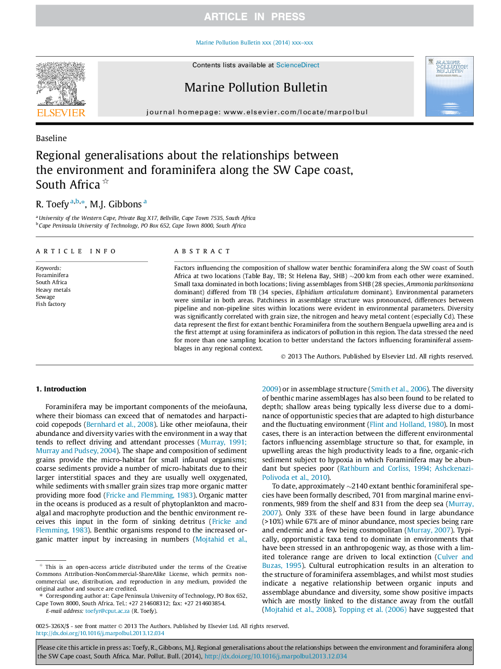 Regional generalisations about the relationships between the environment and foraminifera along the SW Cape coast, South Africa