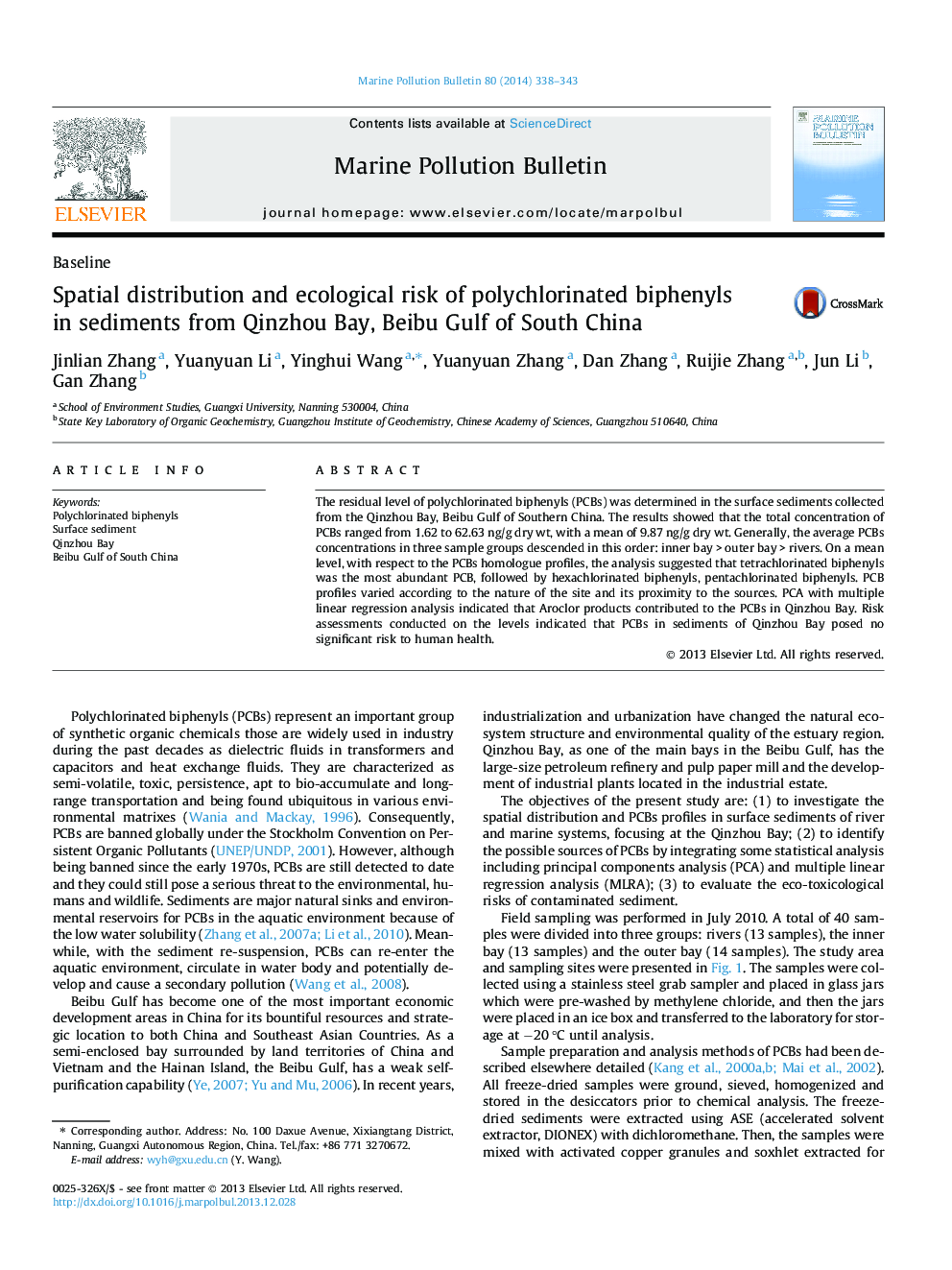 Spatial distribution and ecological risk of polychlorinated biphenyls in sediments from Qinzhou Bay, Beibu Gulf of South China