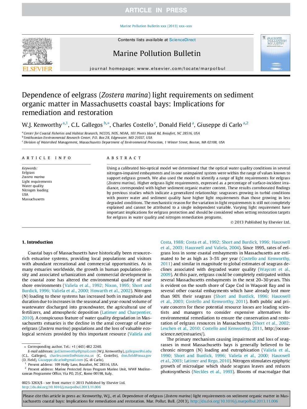 Dependence of eelgrass (Zostera marina) light requirements on sediment organic matter in Massachusetts coastal bays: Implications for remediation and restoration