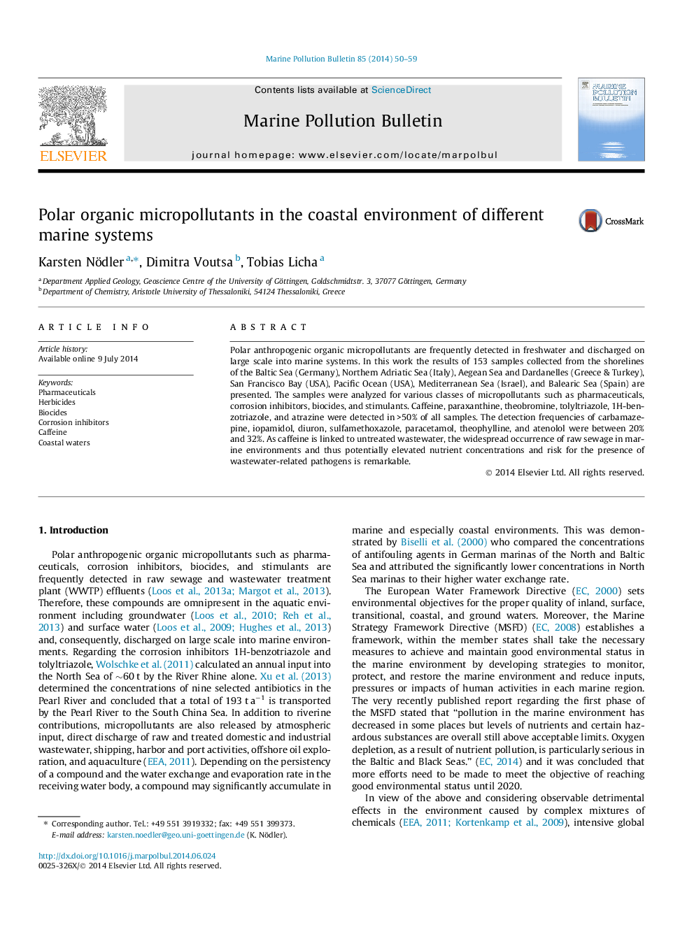 Polar organic micropollutants in the coastal environment of different marine systems