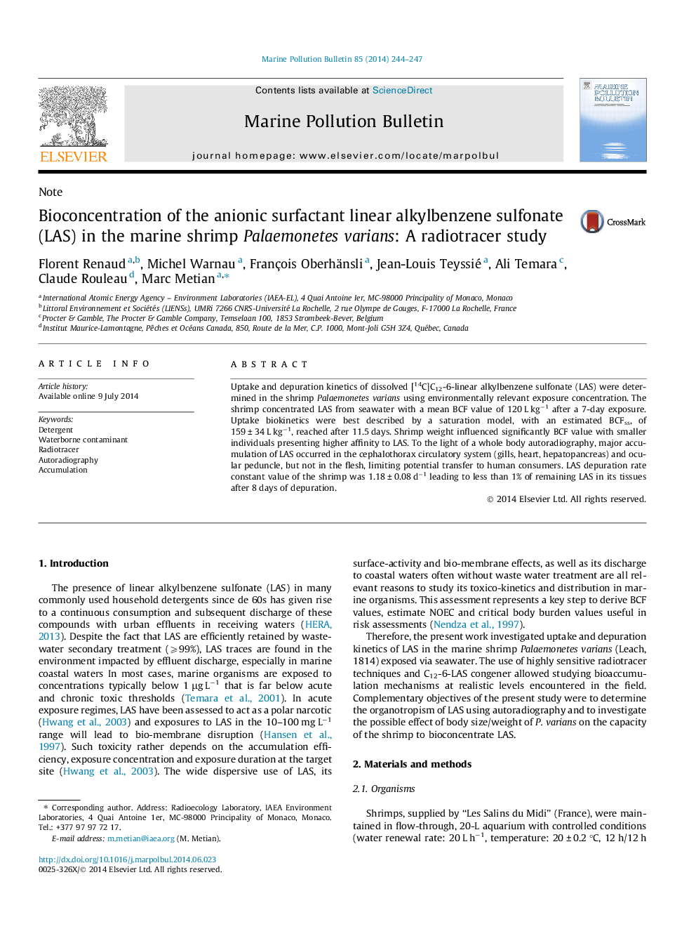 NoteBioconcentration of the anionic surfactant linear alkylbenzene sulfonate (LAS) in the marine shrimp Palaemonetes varians: A radiotracer study