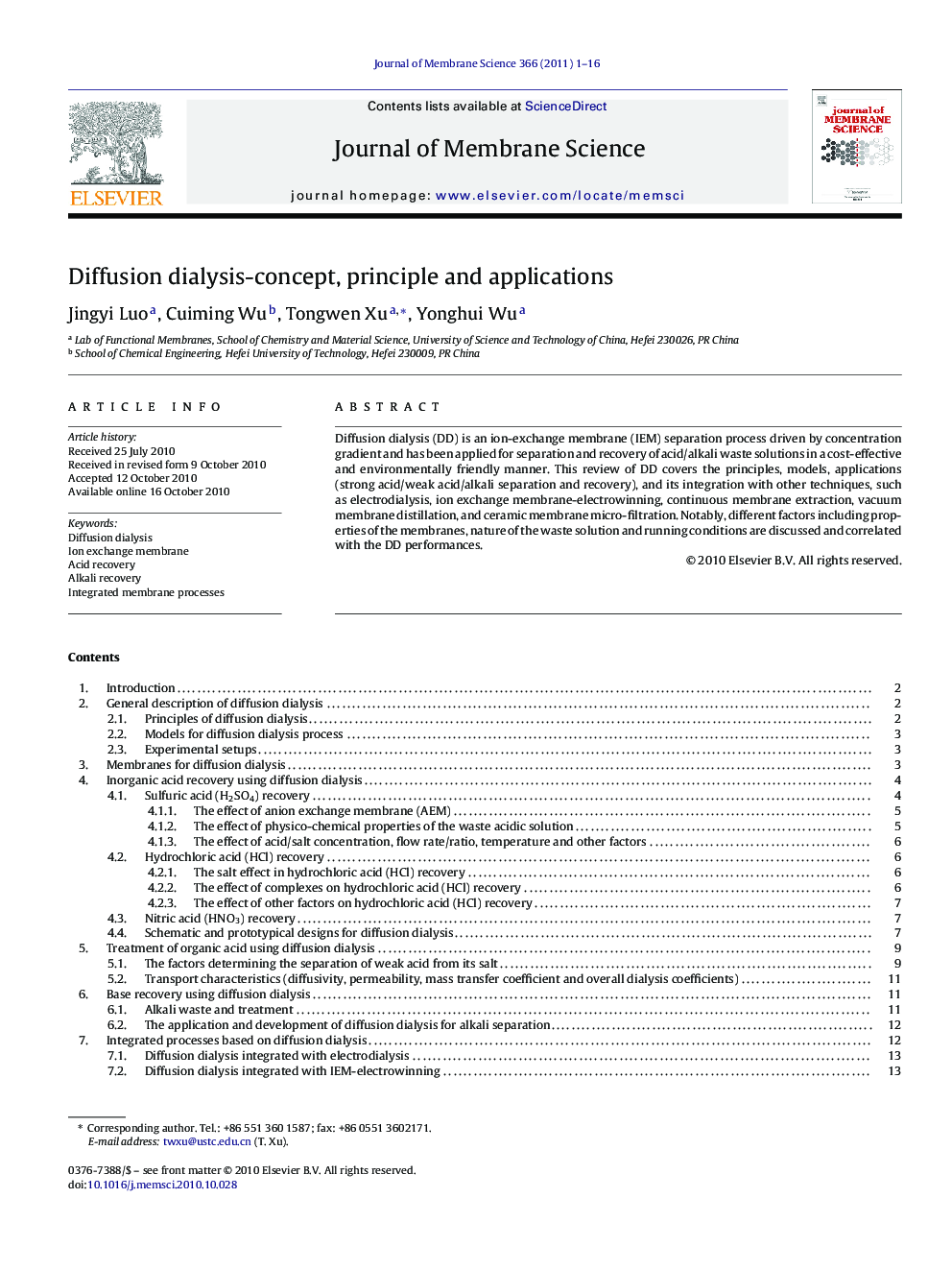 Diffusion dialysis-concept, principle and applications