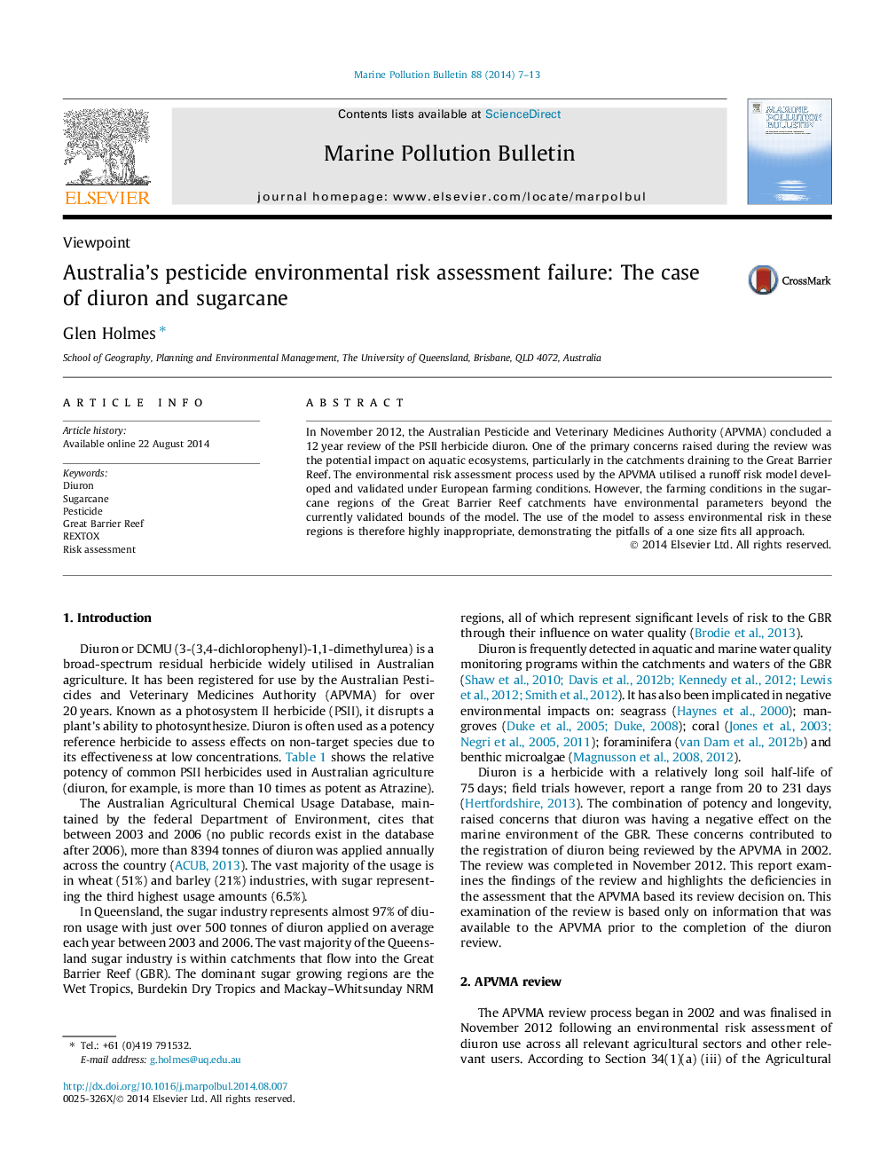 ViewpointAustralia's pesticide environmental risk assessment failure: The case of diuron and sugarcane