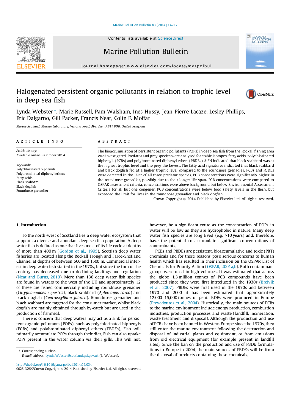 Halogenated persistent organic pollutants in relation to trophic level in deep sea fish