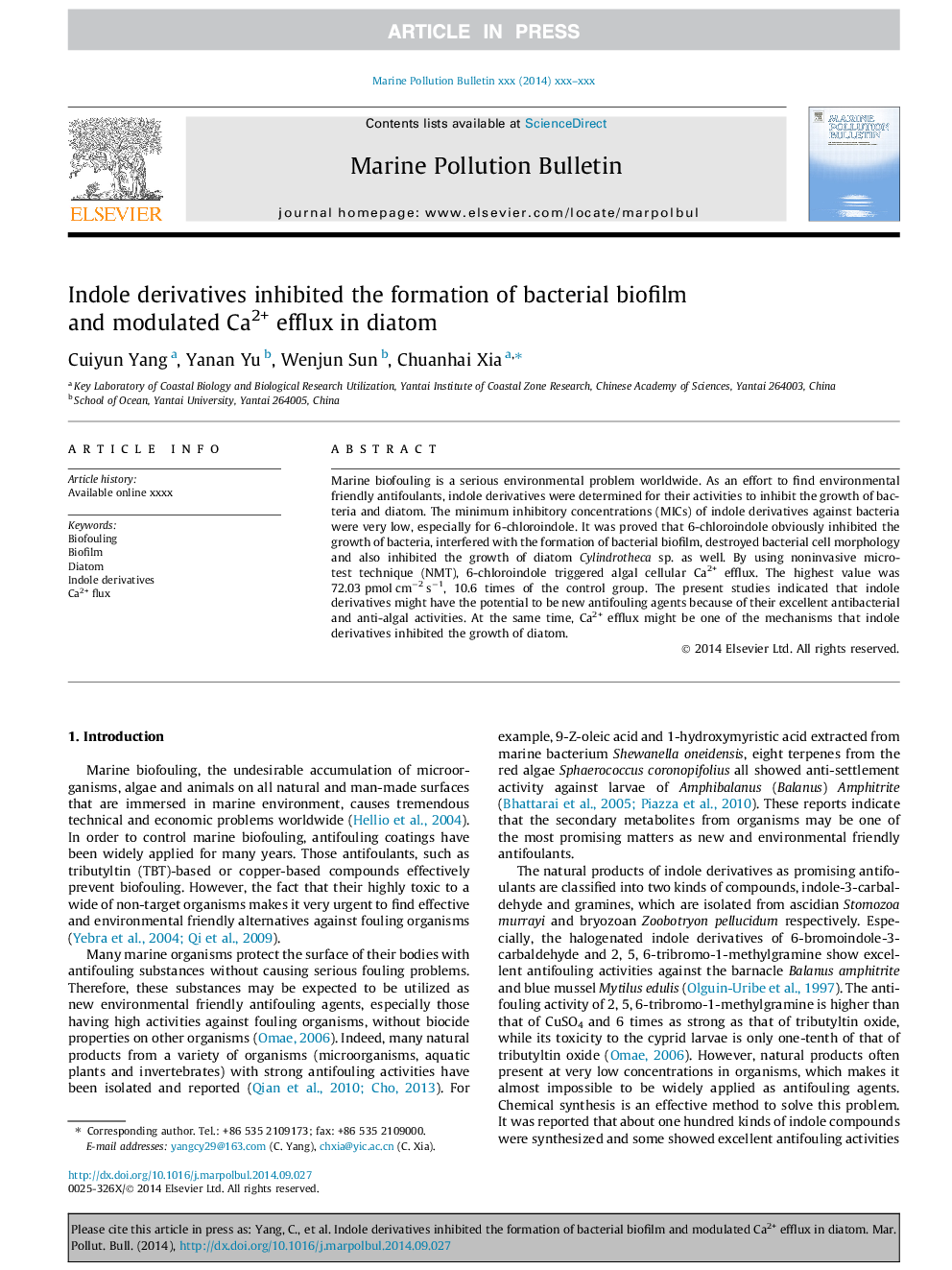 Indole derivatives inhibited the formation of bacterial biofilm and modulated Ca2+ efflux in diatom