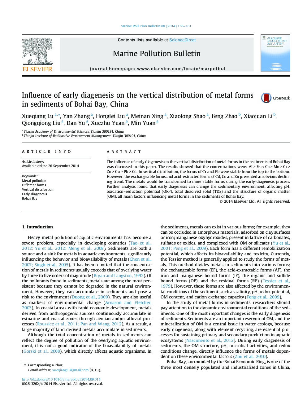 Influence of early diagenesis on the vertical distribution of metal forms in sediments of Bohai Bay, China