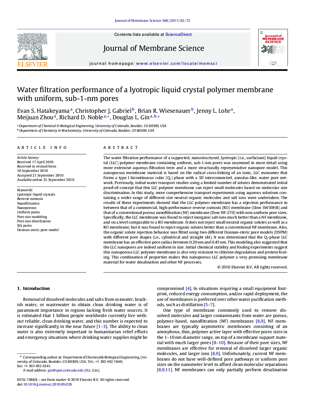 Water filtration performance of a lyotropic liquid crystal polymer membrane with uniform, sub-1-nm pores